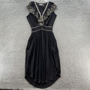 Ramy Brook Dress Large Black Camden Embroidered Ruffle Boho Peasant Midi Pockets